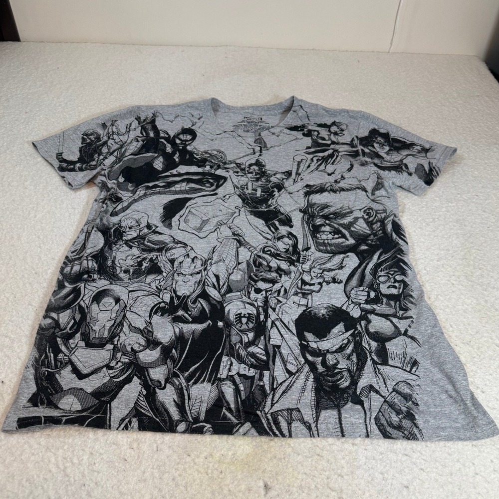 Marvel Avengers All Over Print T-Shirt Mens Large Gray Comic Book Graphic Tee